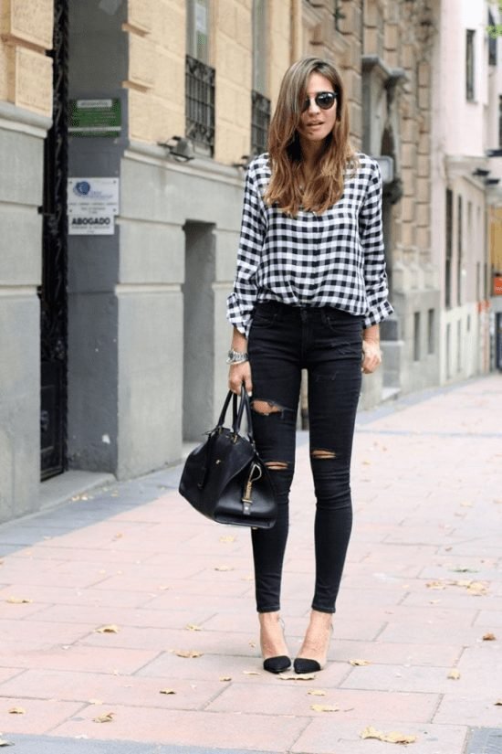 Xadrez vichy calça skinny preta.